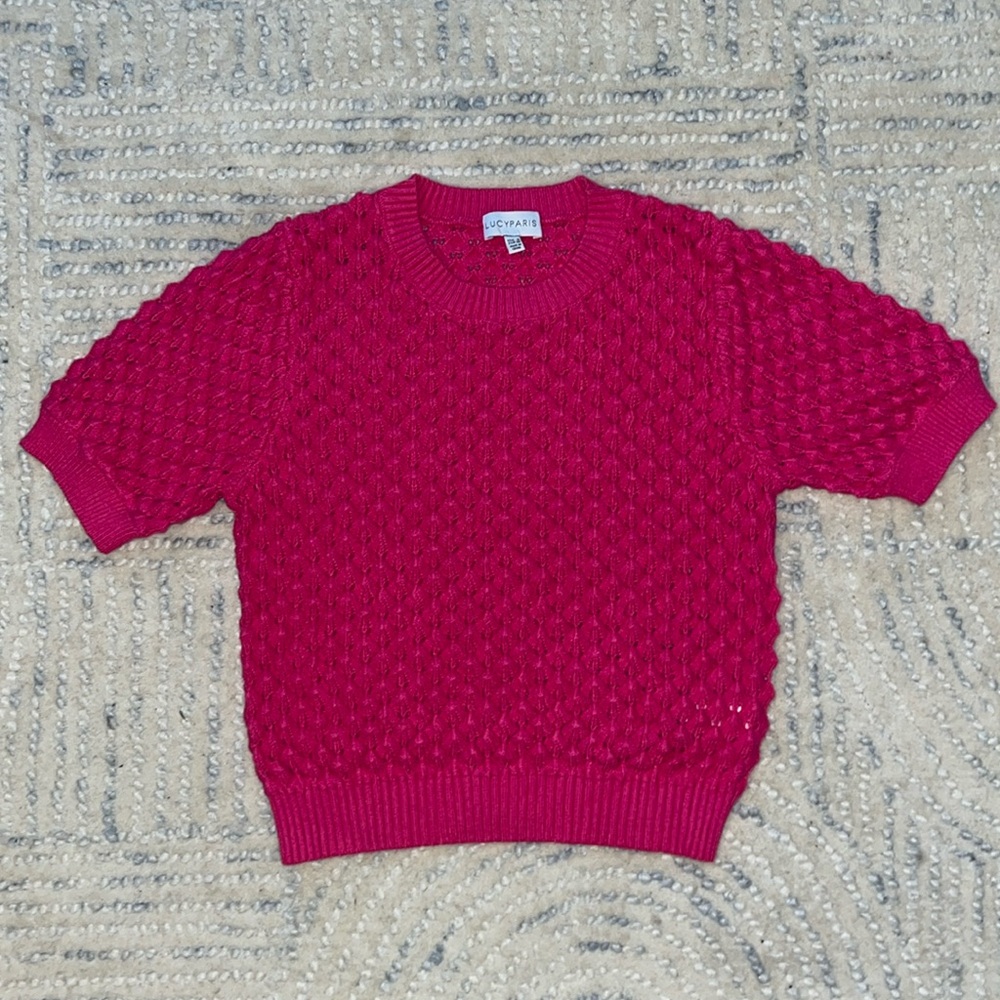 Cute, hot pink, short sleeve, stitched sweater top